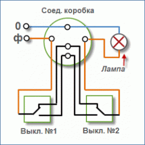 схема с применением двух проходных выключателей